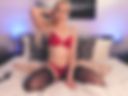Red lingerie, black dildo & wet solo play in stockings
