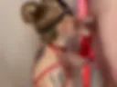 Juicy blowjob. Top view. Red lipstick