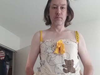 In teddy bear pajamas and white stockings