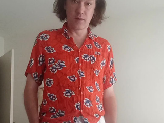 In one red shirt, naked